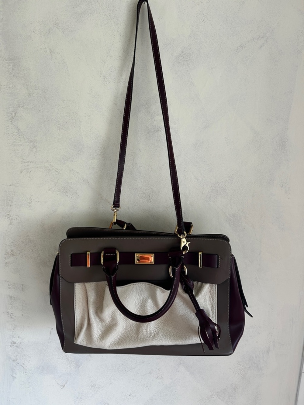 Alberta Di Canio Tri-Tone Leather Satchel in Cream, Taupe & Burgundy